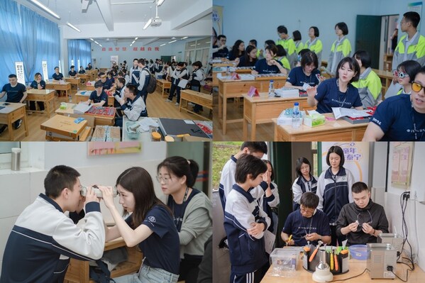 志愿者们为当地学生提供免费验光和配镜服务