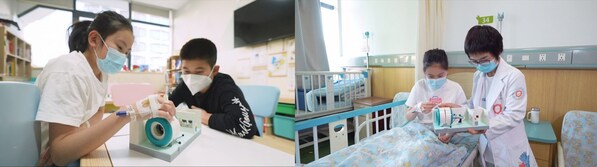 小朋友们正在通过拼搭乐高核磁共振扫描仪模型了解检查流程 小朋友们正在通过拼搭乐高核磁共振扫描仪模型了解检查流程