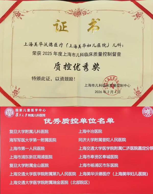 图 |上海美华妇儿医院儿科荣获2025年度上海市儿科临床质量控制督查“质控优秀奖”