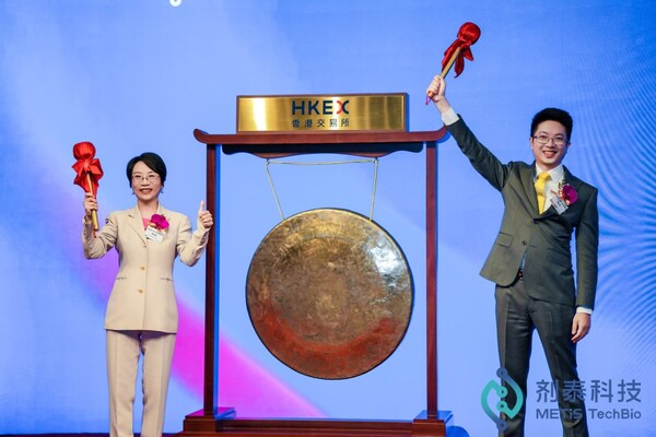 剂泰科技联合创始人、CEO赖才达博士 (右)、联合创始人陈红敏院士 (左) 庆祝公司成功上市